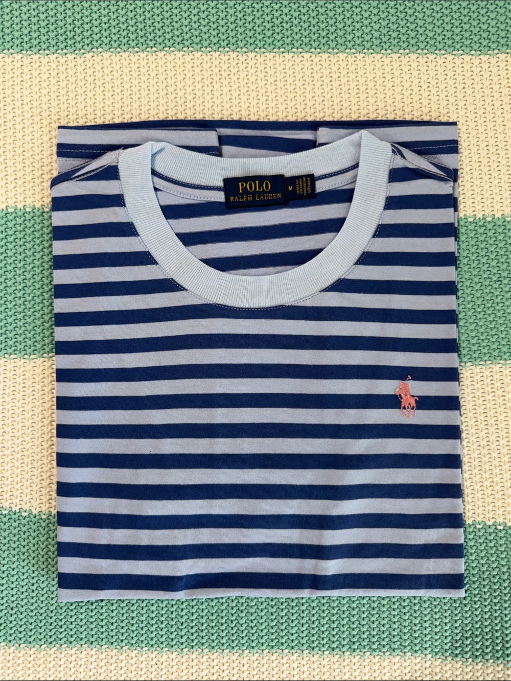 Polo by Ralph Lauren Light Blue and Navy Striped Crew Tee with Pink Pony